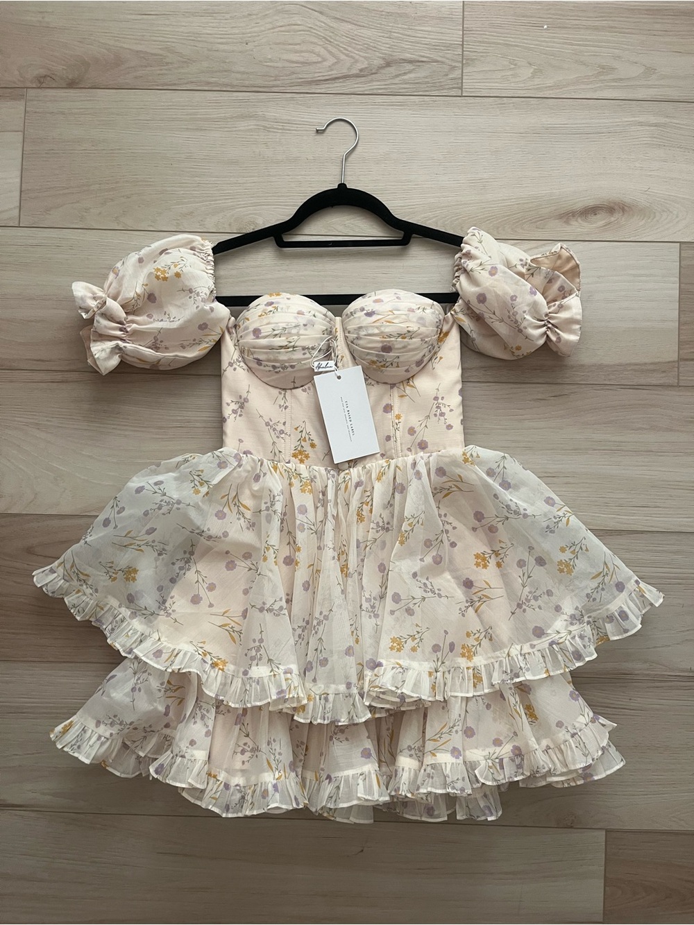 Off-Shoulder Cream Floral Puff-Sleeve Mini Dress